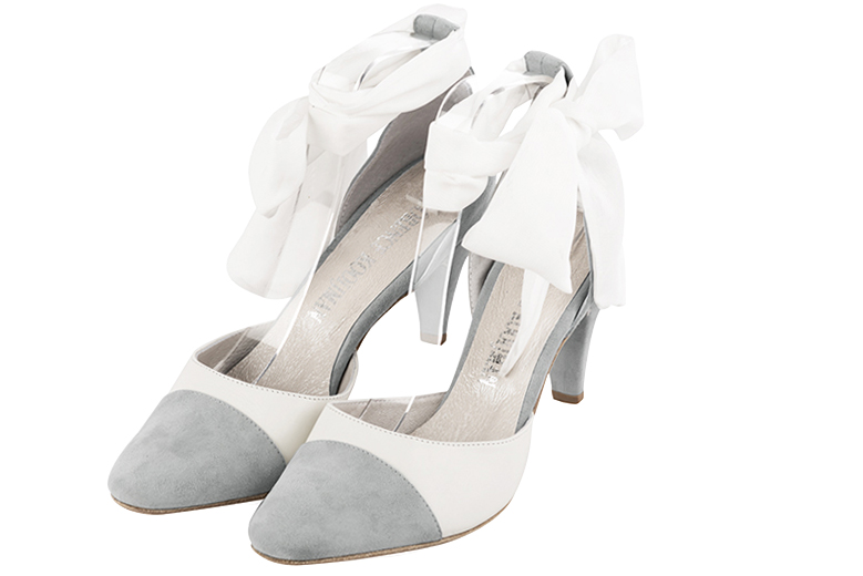 Pearl grey and pure white women's open side shoes, with a scarf around the ankle. Round toe. High slim heel. Front view - Florence KOOIJMAN